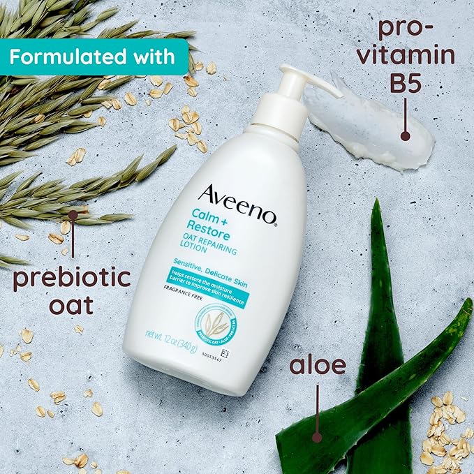 Aveeno Calm + Restore Oat Repairing Body Lotion for Sensitive Skin, Daily Moisturizer with Prebiotic Oat, Aloe & Pro-Vitamin B5, Fragrance Free Body Lotion Helps Heal Dry Skin, 12 oz