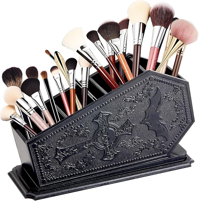 Gothic Coffin Decor Makeup Brush Holder,Spooky Witchy Gifts for Women,Bat Cosmetic Display Cases,Cross Goth Decor Pen Holder, Vanity, Desk, Office Organizer for Christmas Bedroom Bathroom,Black