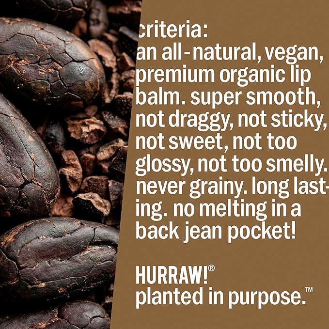 Hurraw! Chocolate Lip Balm: Organic, Certified Vegan, Cruelty and Gluten Free. Non-GMO, 100% Natural Ingredients. Bee, Shea, Soy and Palm Free. Made in USA