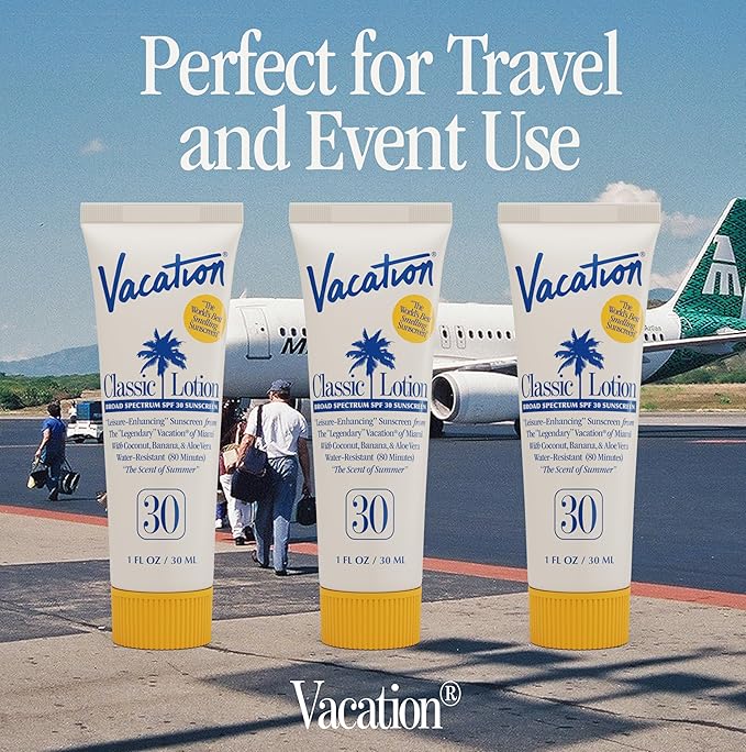 Vacation Mini Classic Sunscreen SPF 30, Water-Resistant, Bulk Suntan Lotion, Bachelorette Party Favors, Beach Must Haves, Traveling Essentials, Travel Size, 1 Fl. Oz. (Value Pack of 24)