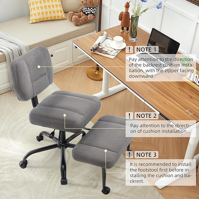 Criss Cross Legged Office Chair with Wheels,Swivel Meditation Chair for ADHD,Ergonomic Desk Chair with Thicken Adjustable Footstool,Fabric Sitting Fidgeting Kneeling Chair for Home Yoga Grey