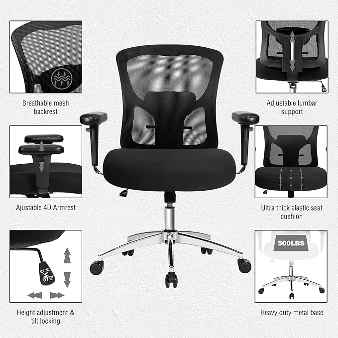 Bigroof Big and Tall Office Chair 600lbs, Heavy Duty Ergonomic Mesh Chair, Computer Executive Desk Chair with Wide Thick Seat, Adjustable Armrests, Lumbar Support (Black, 600LBS)
