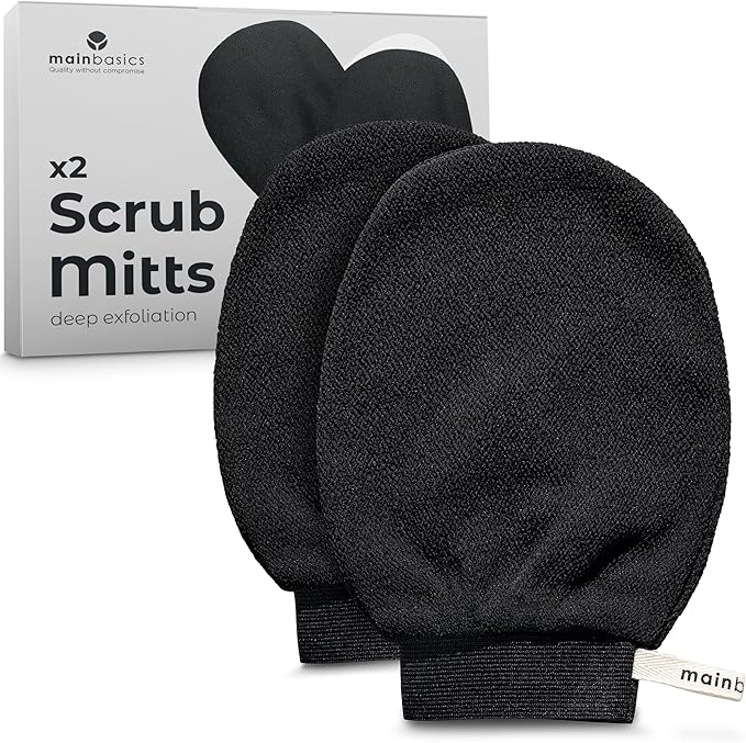 MainBasics Exfoliating Gloves for Shower - Korean Body Scrub Mitts for Dead Skin, Deep Cleansing, Spray Tan Prep & KP Treatment (2 Pack)