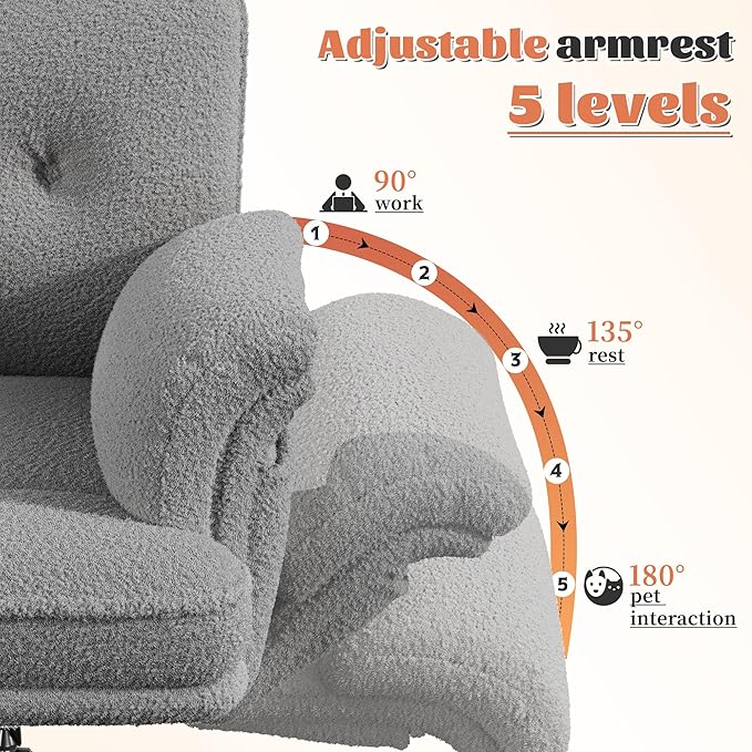 Office Chair with Wheels & Side Pockets,Flip Armrests for Pets & Cross Legged Sitting,Ergonomic Adjustable Vanity Chair –Teddy Plush Office Desk Chair for Home, Makeup and Bedroom,Grey
