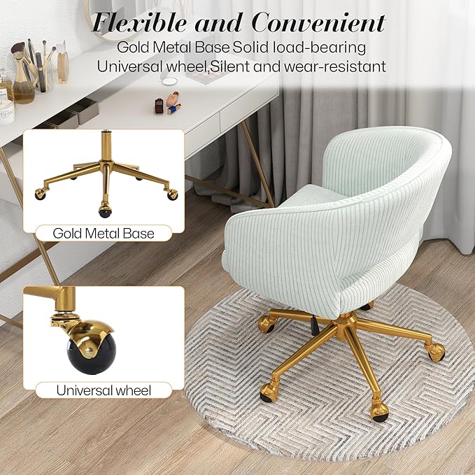 Home Office Swivel Desk Chair, Modern Corduroy Vanity Chair, Height Adjustable Armchair with Gold Base, Ergonomic Office Chair for Task Study Computer Room, Light Blue