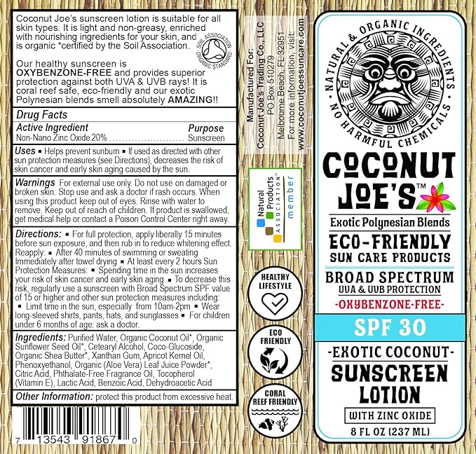 3-PACK | Zinc Oxide Sunscreen from Coconut Joe's | Natural & Organic Sunscreen Lotion, Mineral Sunscreen, SPF 30, Natural Sunscreen, 8 ounce bottle