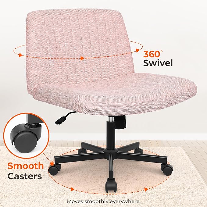 NEO Chair Criss Cross Chair with Wheels Home Office Cross Legged Armless Chairs Ergonomic Adjustable Computer Desk Task Wide Seat for Bedroom Vanity Comfy Swivel (Pink)