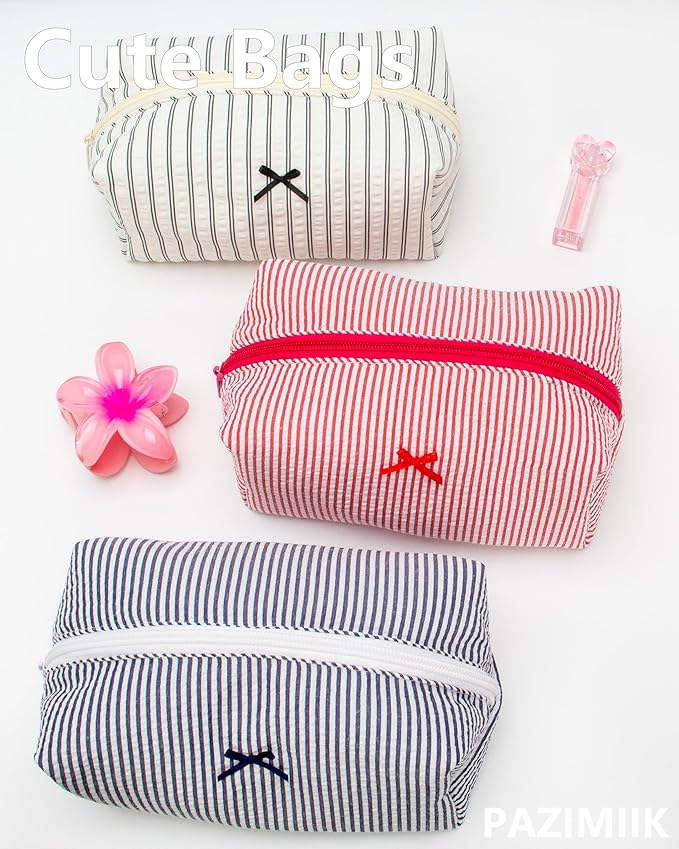 PAZIMIIK 6PCS Cozy Makeup Bag Small Aesthetic Travel Zipper Cosmetic Pouch for Women Make Up Beauty Accessories Brushes, Stripe Red