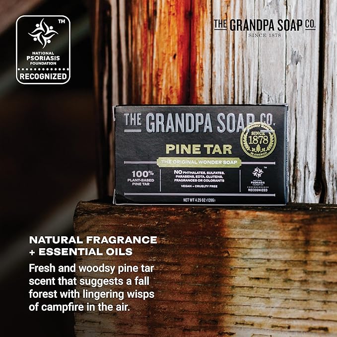 The Grandpa Soap Company Pine Tar Bar Soap for Men- Made With Pine Tar Oil, 3 in 1 Cleanser Deodorizer and Moisturizer, Dermatologist Tested, Safe for Sensitive Skin, 3.25 Oz, 3 Pack