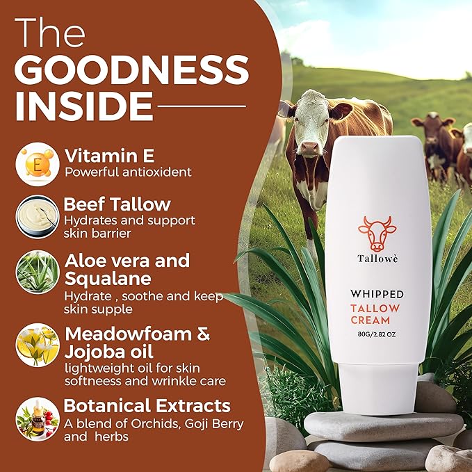 Tallowè Whipped Cream Unscented Face Moisturizer with 100% Grass Fed Beef Tallow For Skin Barrier Support, Natural clean simple ingredient moisturizer,For Dry Sensitive Skin, 2.8oz