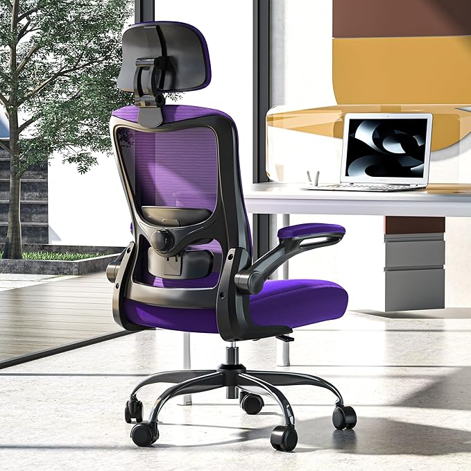 Ergonomic Office Chair, High Back Mesh Desk Chair with Adjustable Lumbar Support & Headrest, Flip-up Armrest, Computer Task Chairs for Home and Executive Office(B-Purple)