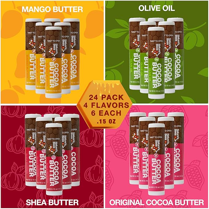 Nature's Bees Cocoa Butter Lip Balm Moisturizer, 24 Pack - 4 Flavors, Original, Shea Butter, Mango Butter, & Olive Oil, Made with Coconut Oil, Beeswax, Vitamin E and Aloe, 0.15 oz - Packaging May Vary