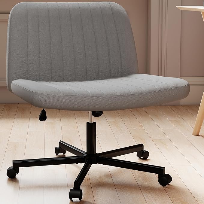 Criss Cross Chair, Extra Wide Armless Rolling Office Desk Chair with Wheels, Plus Size Viral Vanity Legged Chair, Bedroom, Grey