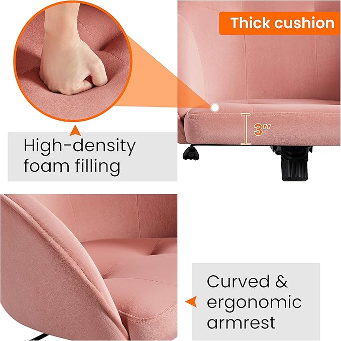 Yaheetech Pink Office Chair Small Cute Vanity Chair with Back Wheels Velvet Swivel Rolling Desk Computer Armchair for Bedroom Living Room