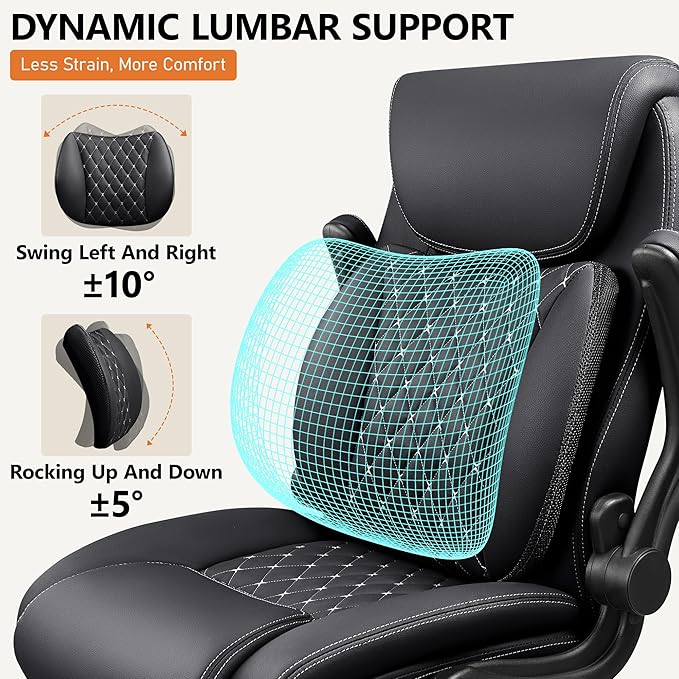 Office Chair,Ergonomic Office Chair with Lumbar Support for Lower Back Pain Relief, Executive Leather Chair with Padded Flip-up Arms, Wheels and Adjustable Armrests, Black Pack of 2