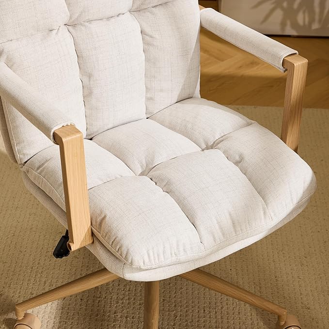 VINGLI Comfy Linen Office Desk Chair with Wheels & Detachable Cushions & Wood-Like Armrests,Swivel Small Computer Task Chair,Adjustable for Girl Makeup Vanity,Teen/Kids Study,Nail Tech,Sewing,White