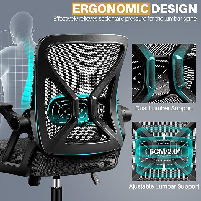 FelixKing Office Chair - Ergonomic Desk Chair Breathable Mesh Task with Wheels and Lumbar Support Home Desk Office Chairs with Flip up Armrest Rolling Swivel for Home Computer Black Pack of 2
