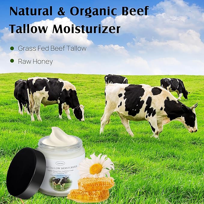 Beef Tallow Moisturizer,Beef Tallow for Skin,Organic Grass Fed Beef Tallow with Raw Honey Moisturizing Cream, Whole Body & Face Moisturizer（4oz）