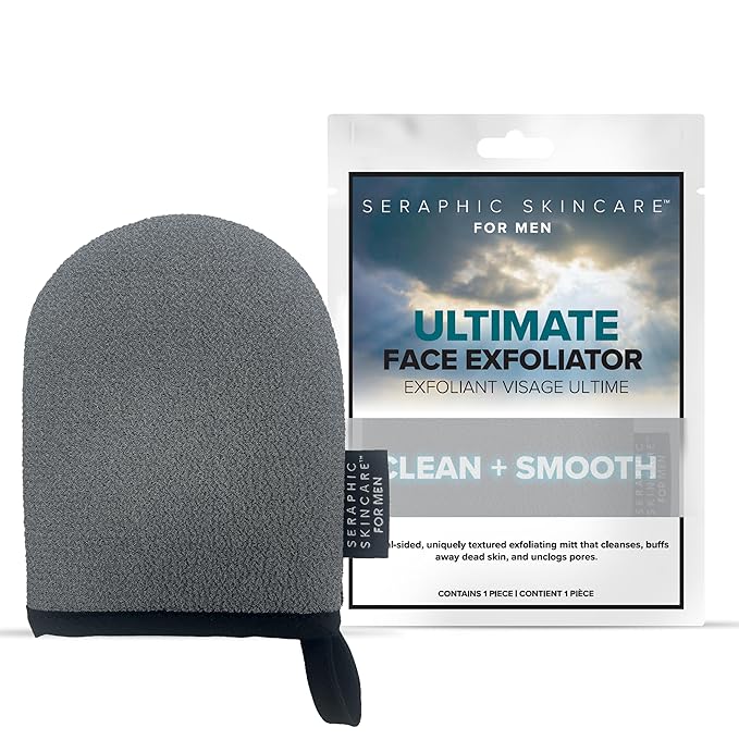 Seraphic Skincare Men Ultimate Exfoliating Facial Mitt – 100% Vegan Dual-Sided Face Mitten with Viscose & Washcloth – Facial Scrub Pad for Gentle Cleansing & Exfoliation – Natural Dead Skin Remover