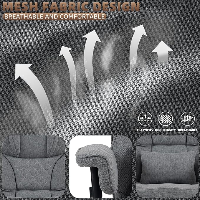 Vonesse Big and Tall Office Chair, Computer Chair with Soft Adjustable Armrests, Ergonomic Gaming Chair with Breathable Linen Design, Executive Chairs with Footrest (Linen Fabric, Gray)