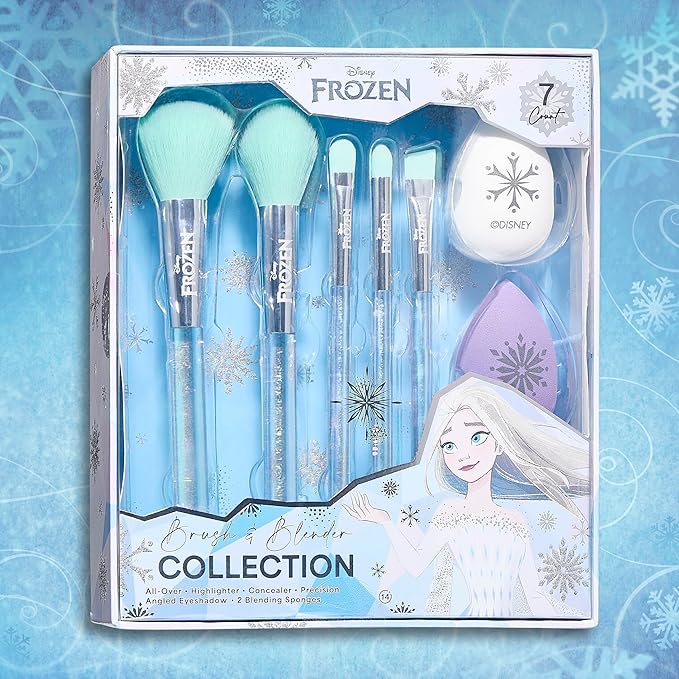 Disney Frozen 7PC Premium Makeup Brush & Blender Set, All-over, Highlighter, Concealer, and Eyeshadow Brush, 2 Beauty Blender Sponges for women and girls by Belle Maison