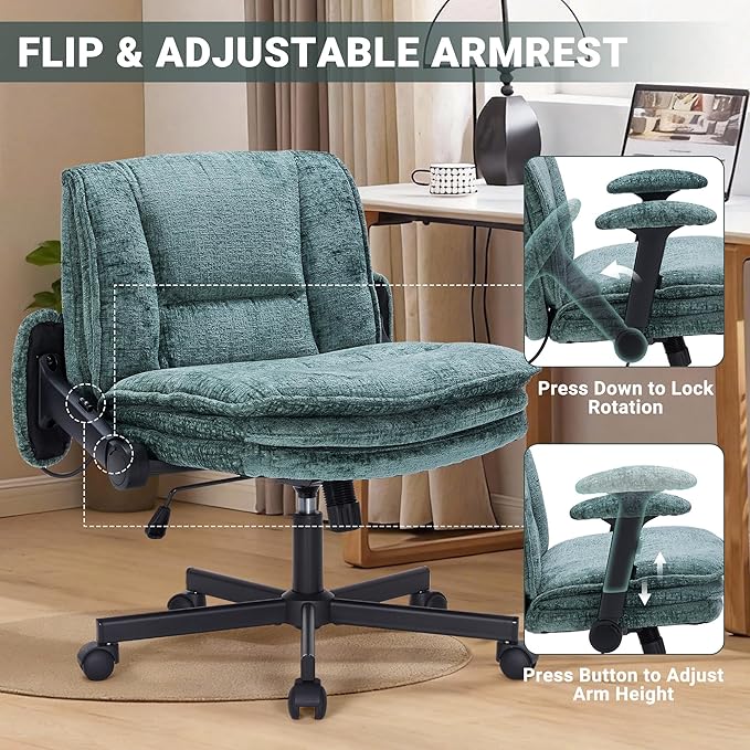 Criss Cross Chair with Wheels and Flip Arms, Upholstered Cross Legged Office Chair with 3 Layer Cushions&Dynamic Airbag Lumbar Support, Wide Seat Comfy Desk Chair for Home Office, Living Room, Green