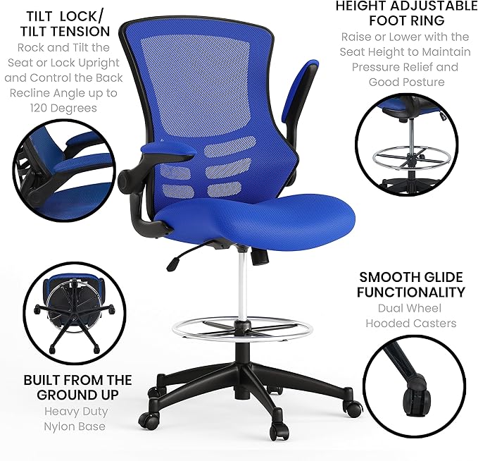 Flash Furniture Kelista Mid-Back Swivel Office Chair with Adjustable Seat Height, Ergonomic Mesh Desk Chair with Flip-Up Armrests, Blue