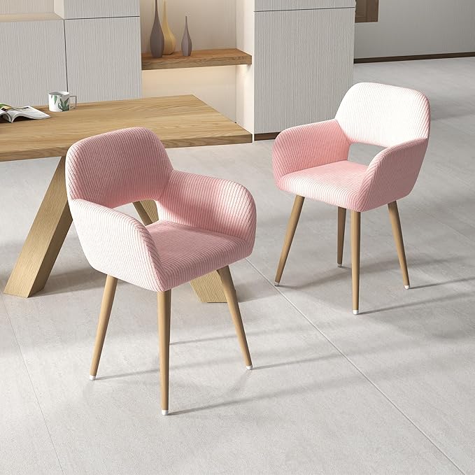 Home Office Desk Chair Set of 4, Corduroy Fabric Vanity Chair for Makeup with Hollow Backrest, Comfy Armchair Wood Frame with Strudy Metal Legs, Pink