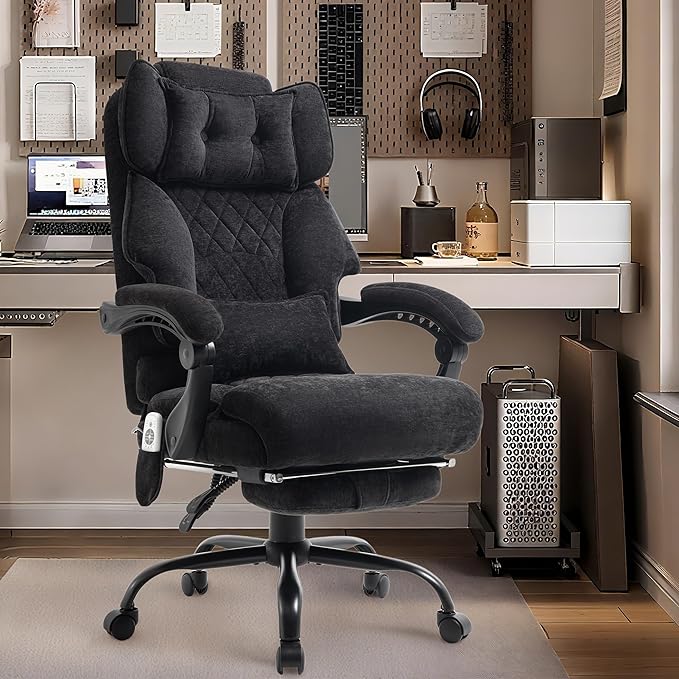 Office Chair with Foot Rest,3D Kneading Massage & Heat Executive Office Chairs for Heavy People,500LBS Big and Tall Office Chair,Ergonomic Reclining Desk Chair,Dual-Use Pillow,Home Office,BlackCloth