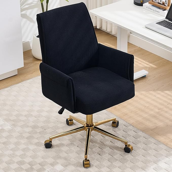 Striped Velvet Office Chair, 360° Swivel Ergonomic Task Chair with High Back, Gold Base and Wheels, Height Adjustable Modern Accent Chair for Home Office, Living Room, Study, Vanity Room (Black)