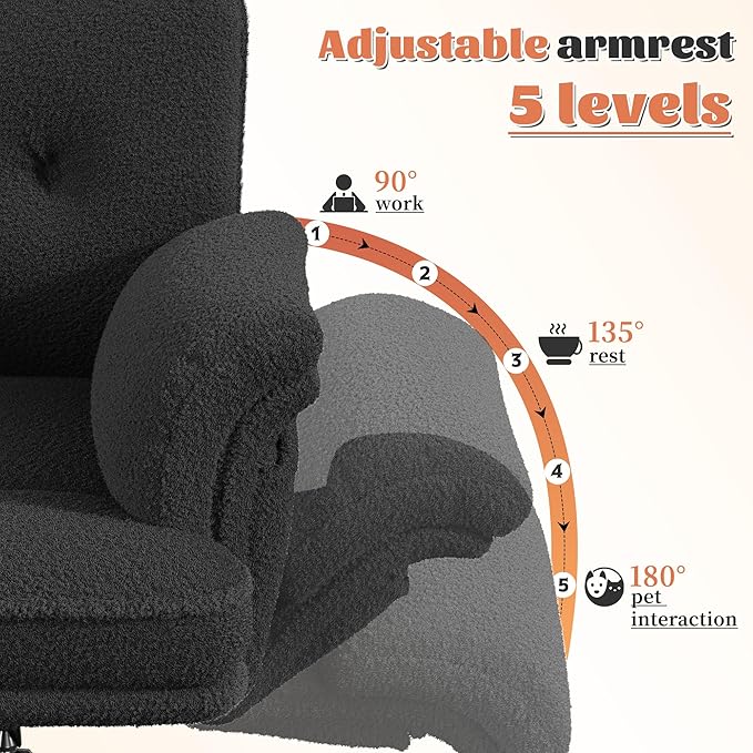 Criss Cross Chair with Wheels and Arms,Teddy Plush Vanity Chair with Side Pockets， Adjustable Home Office Desk Chairs，Computer Chair for Home, Makeup and Office Use,Black