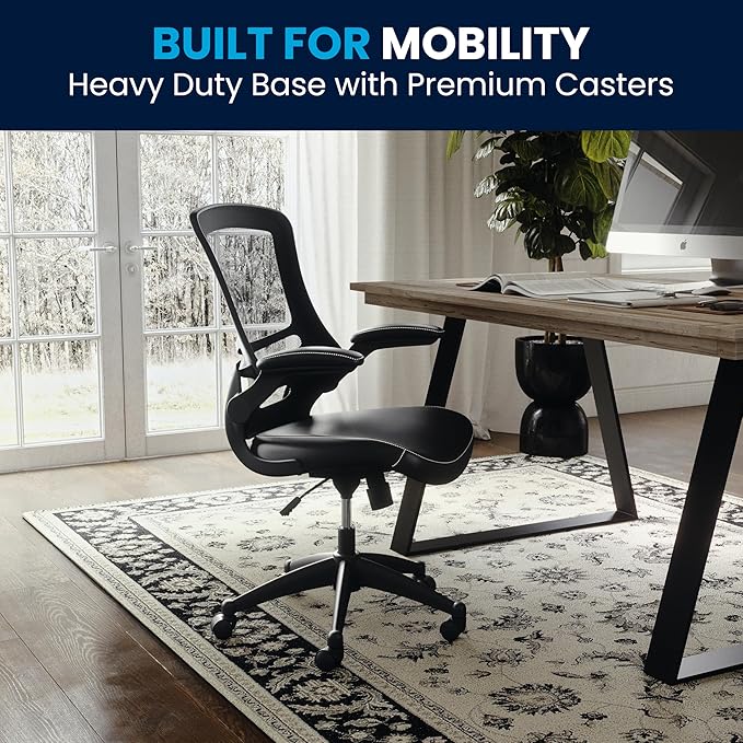 Flash Furniture Kelista Mid-Back Swivel Office Chair with Adjustable Seat Height, Ergonomic Mesh Desk Chair with LeatherSoft Seat, Black