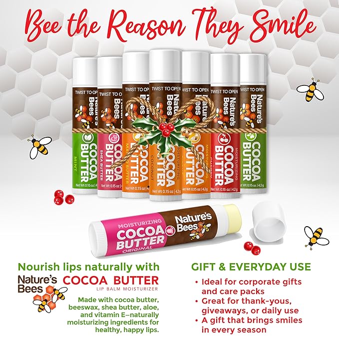 Nature's Bees, Cocoa Butter Flavored Lip Balm Tubes Set Bulk Assortment Chap Treatment Moisturizer For Dry Lips, Original Variety Assortment (Shea Butter, Original, Olive Oil, Mango Butter) - 48 Pack
