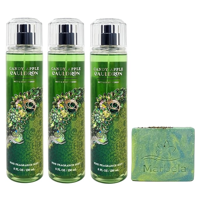 Bath & Body Works Candy Apple Cauldron 3 Pack Fragrance Mist Bundle with a Fresh Forest Bar Soap - Full Size