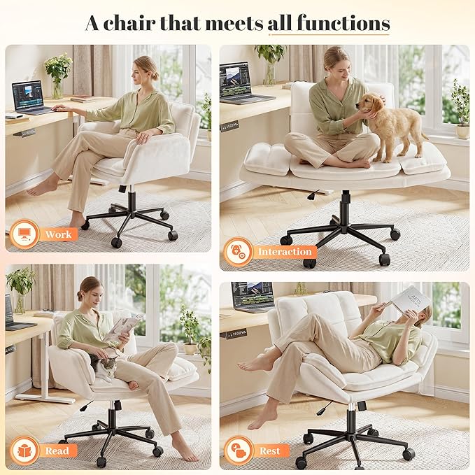 Criss Cross Chair with Wheels, Plush Fleece Vanity Chair with Adjustable Armrests, Ergonomic Office Chair for Bedroom, Makeup Room and Office Room, White