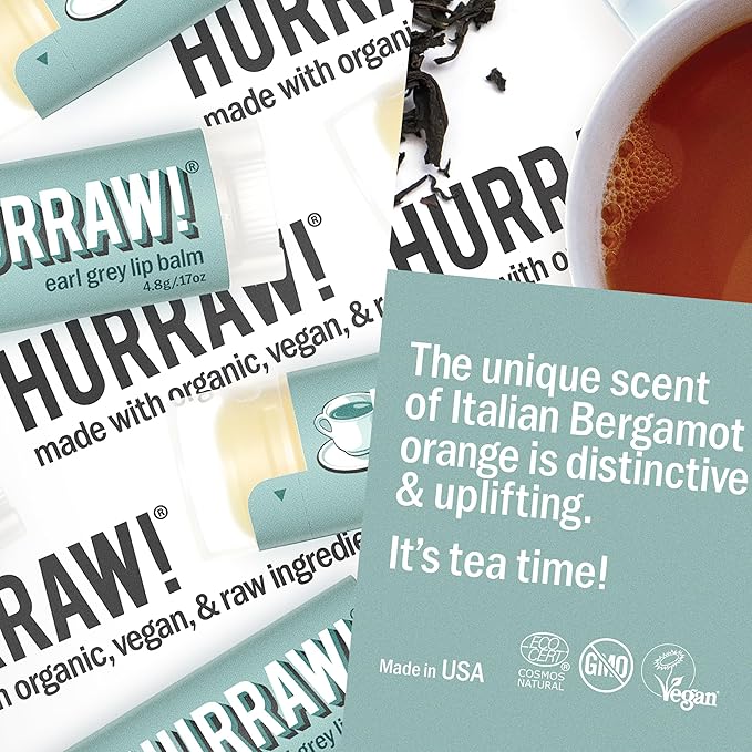 Hurraw! Earl Grey Lip Balm: Organic, Certified Vegan, Cruelty and Gluten Free. Non-GMO, 100% Natural Ingredients. Bee, Shea, Soy and Palm Free. Made in USA