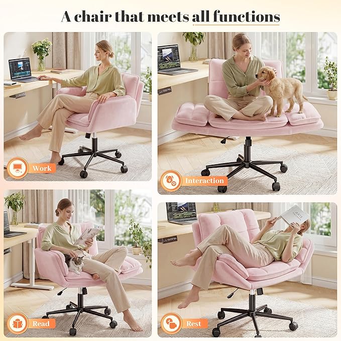 Criss Cross Chair with Wheels, Pink Desk Chair with Adjustable Armrests, Vanity Chair with Back for Bedroom, Makeup Room and Office Room