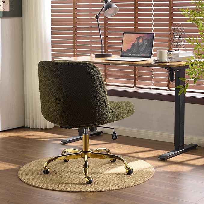 VINGLI Wide Criss Cross Legged Office Chair,Buttprint Ergonomic Desk Chair Comfy with Pillow&Gold Base,Dual-Use with/no Wheels,Adjustable Vanity Swivel Chair for Bedroom,Home Office,Teddy Fleece,Green