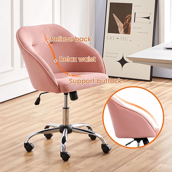 Yaheetech Pink Office Chair Small Cute Vanity Chair with Back Wheels Velvet Swivel Rolling Desk Computer Armchair for Bedroom Living Room