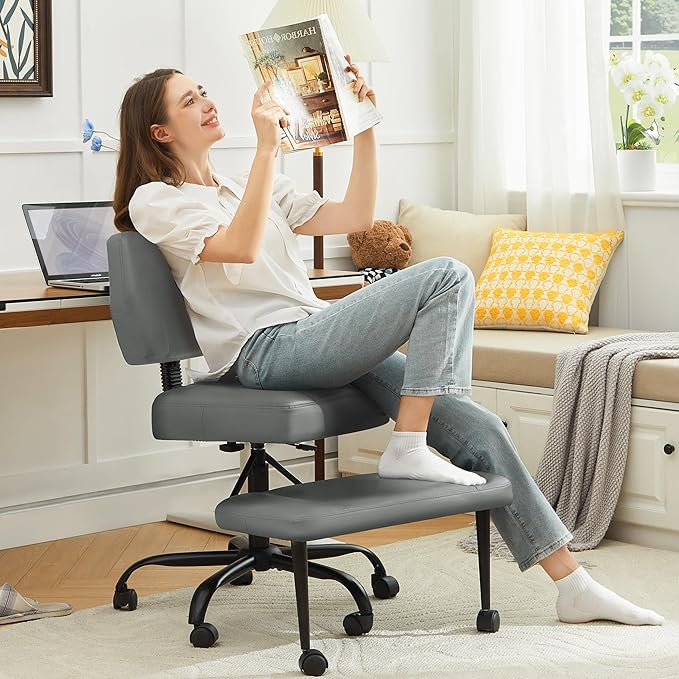 Criss Cross Legged Office Chair with Wheels,Swivel Meditation Chair for ADHD,Ergonomic Cross Legged Desk Chair with Thicken Adjustable Footstool,PU Sitting Fidgeting Kneeling Chair for Home Yoga Grey