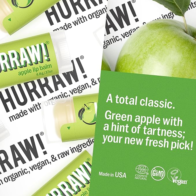 Hurraw! Apple Lip Balm: Organic, Certified Vegan, Cruelty and Gluten Free. Non-GMO, 100% Natural Ingredients. Bee, Shea, Soy and Palm Free. Made in USA