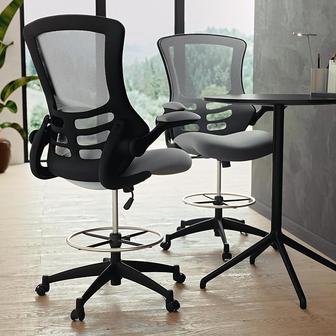 Flash Furniture Kelista Mid-Back Swivel Office Chair with Adjustable Seat Height, Ergonomic Mesh Desk Chair with Flip-Up Armrests, Dark Gray