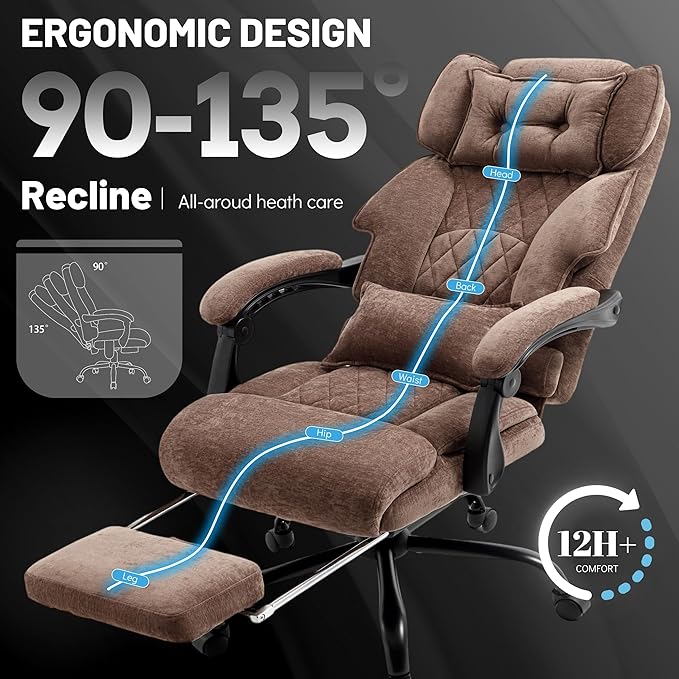 Massage Office Chair with Foot Rest,6 Points Vibration & Heat Executive Office Chairs for Heavy People,500LBS Big and Tall Office Chair,Ergonomic Reclining Desk Chair,Dual-Use Pillow,Home Office,Brown