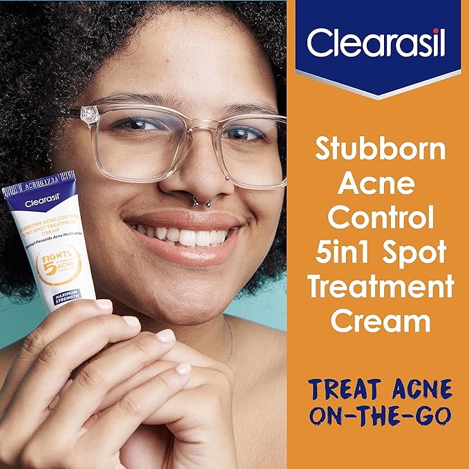 Clearasil Stubborn Acne Control 5in1 Spot Treatment Cream, Maximum Strenght with 10% Benzoyl Peroxide, Acne Medication, 1 oz