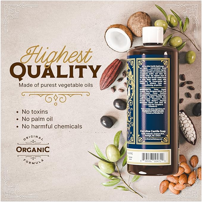 Castile Liquid Body Wash for Sensitive Skin – Natural Shampoo for Men with Olive Oil, Cocoa Butter & Coconut Oil – Tobacco Vanilla by Carolina Castile (Tobacco Vanilla, 32 Fl Oz)