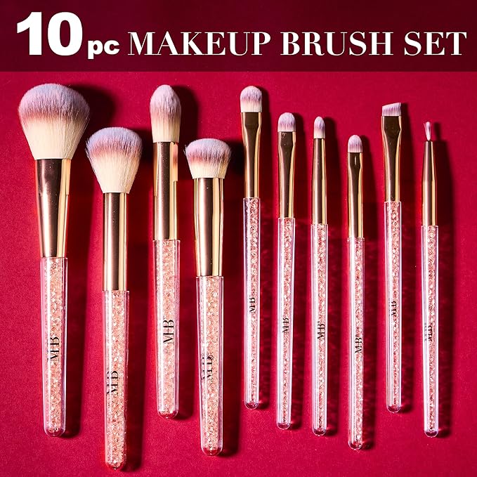 10pc Pro Makeup Brush Set w/Sparkling Gemstones in Rose Gold - 10 Quality Soft Bristle Makeup Brushes For Everyday Use - Professional Makeup Brushes & Tool