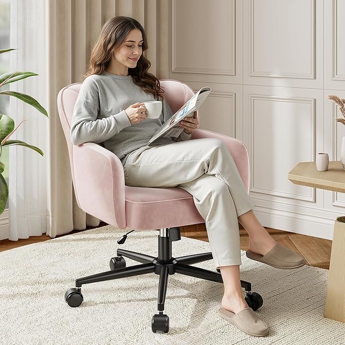 Vanity Chair with Wheels & Back,Pink Vanity Chair Adjustable Height Comfy Desk Chairs for Makeup, Work & Relaxation，Pink