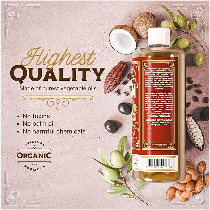 Carolina Castile Soap Bay Rum Scent – Certified Organic Base, High Olive Oil Content, Non-Drying, Made with Organic Oils, Concentrated Natural Body Wash for Men and Women (Bay Rum, 1 Gallon)