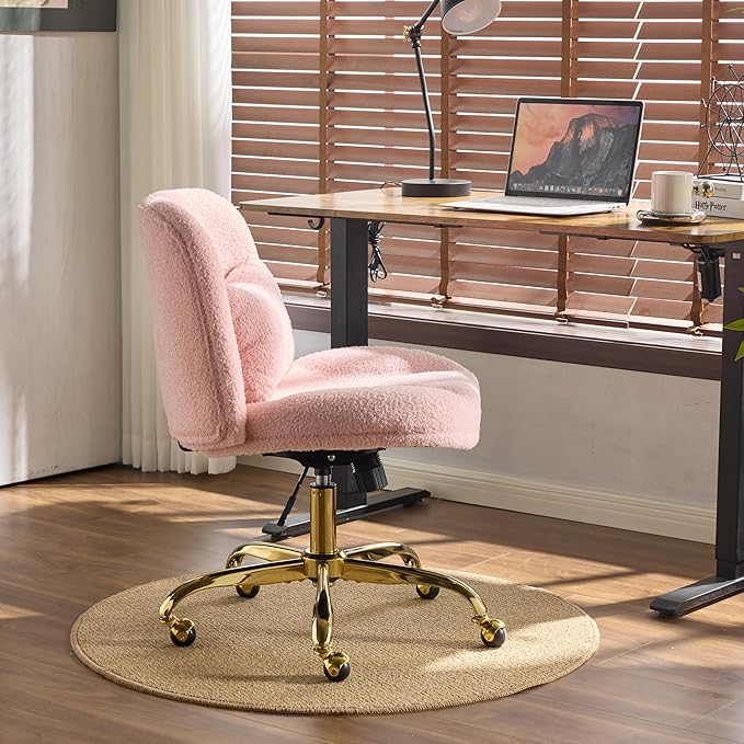 VINGLI Wide Criss Cross Legged Office Chair,Buttprint Ergonomic Desk Chair Comfy with Pillow&Gold Base,Dual-Use with/no Wheels,Adjustable Vanity Swivel Chair for Bedroom,Home Office,Teddy Fleece,Pink