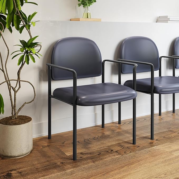 Flash Furniture Tiffany Side Reception Chair with Armrests, Stackable Vinyl Waiting Room Chair for Commercial or Residential Use, Navy